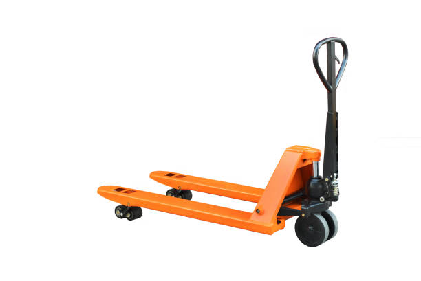 orange hand pallet truck isolated on white background